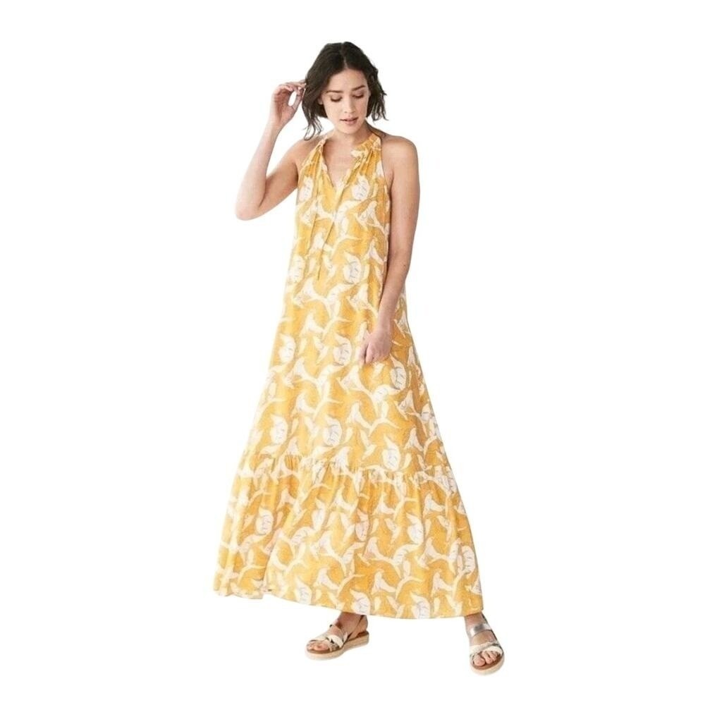 Women's Mustard Tropical Leaf Maxi Dress Boho Resort Beach Cottagecore Large